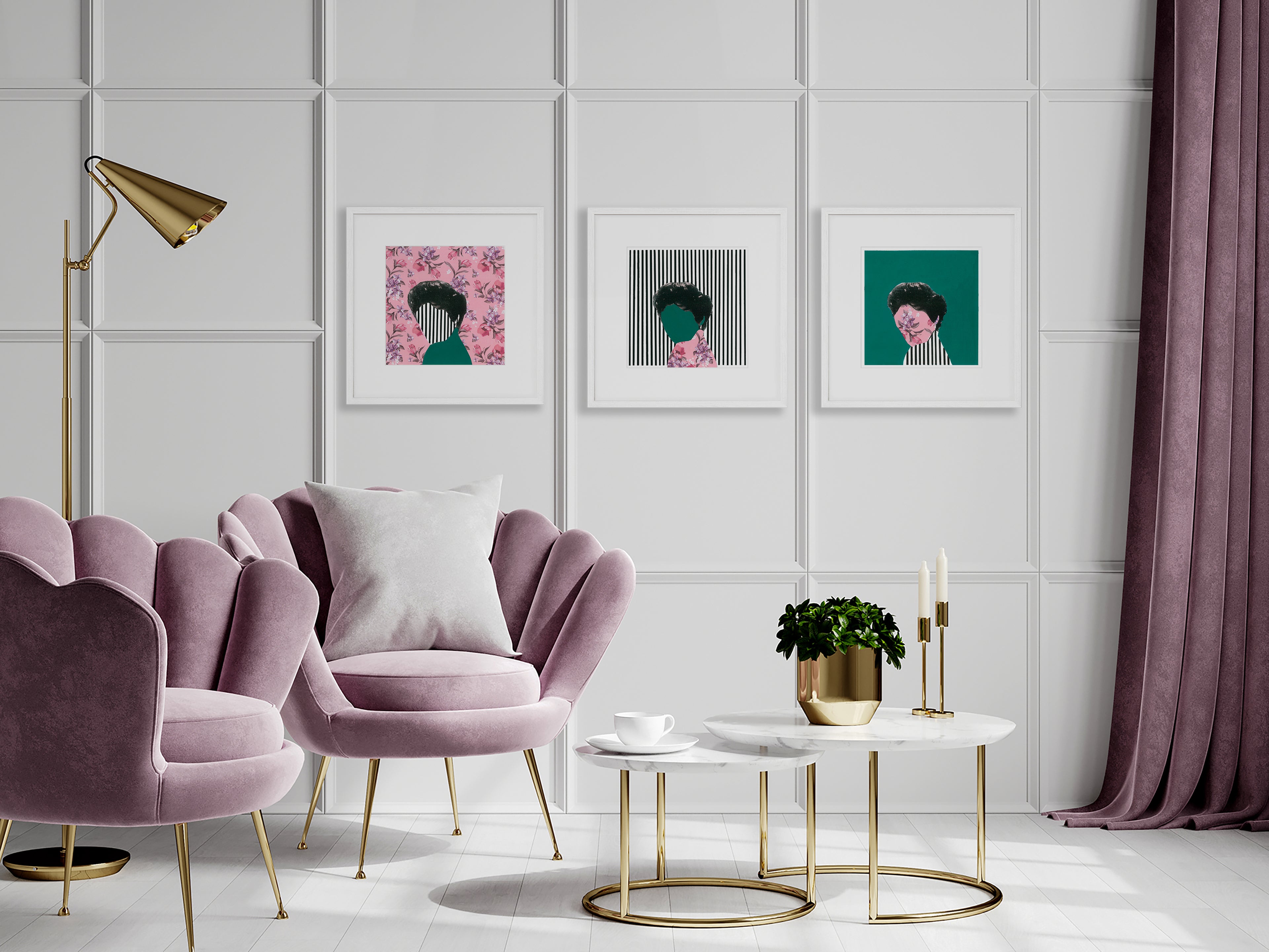 interior lounge with 3 mini pop art Dorothy Dandridge paintings